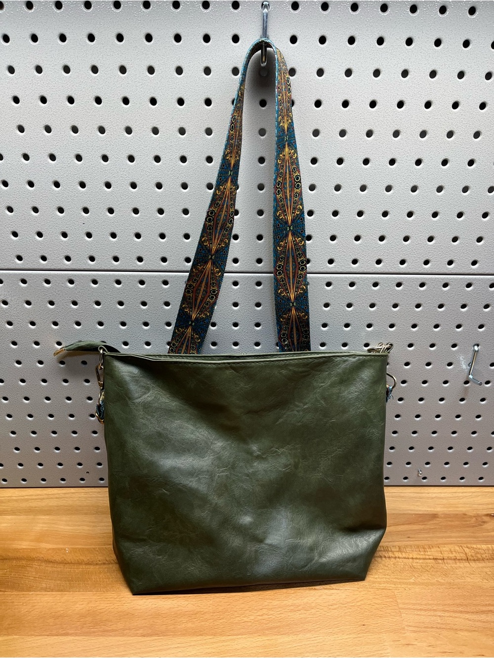 Olive Green Leather Tote with Patterned Strap